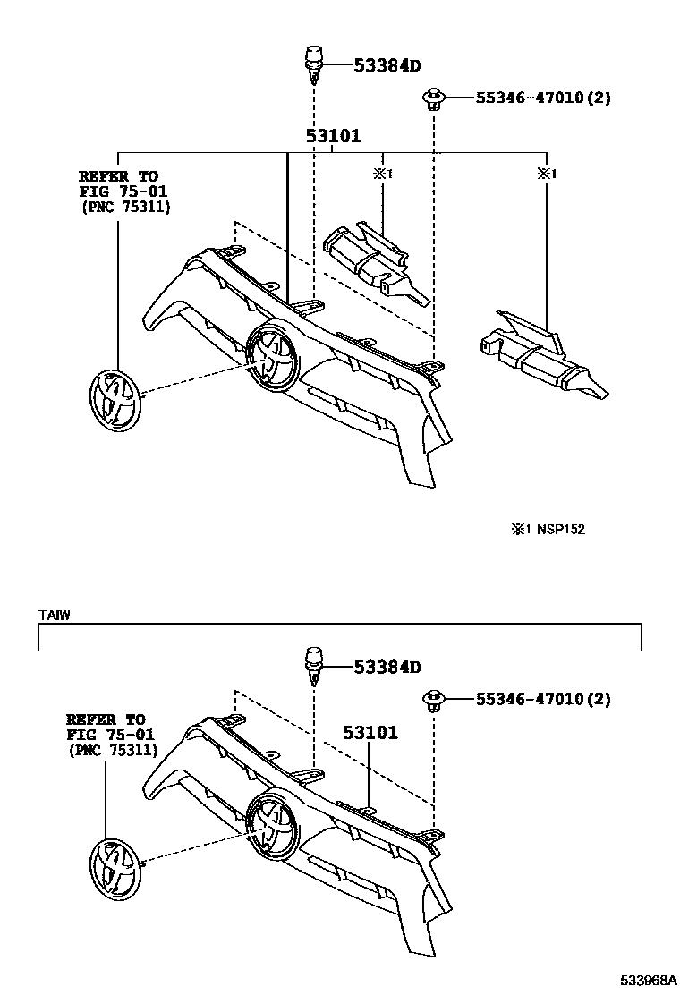 Toyota YARIS radiator grille EPC diagram — 533968A