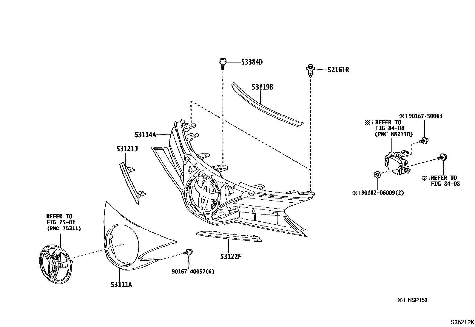 Toyota YARIS radiator grille EPC diagram — 536212K