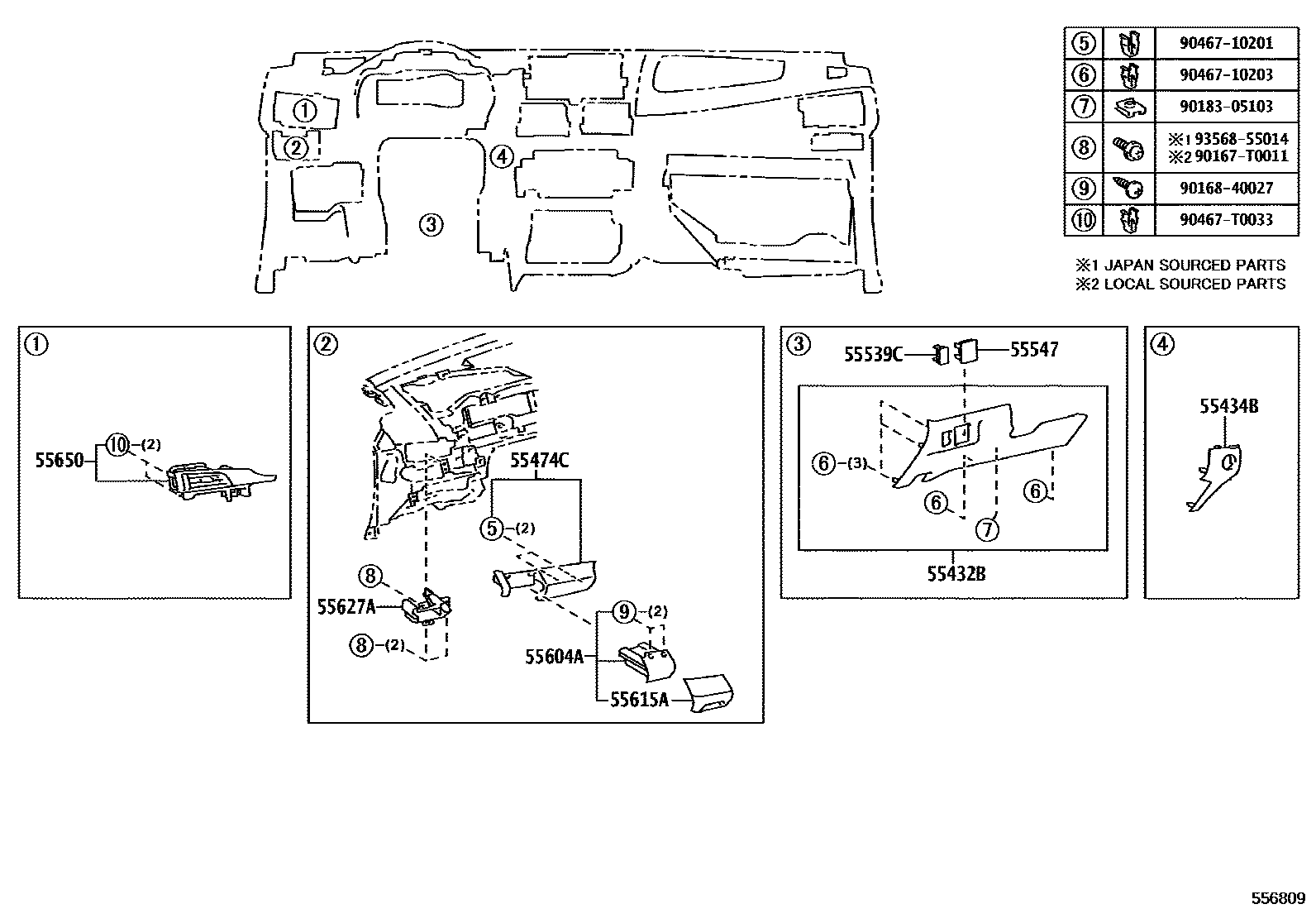 Toyota YARIS 仪表板和手套箱 EPC diagram — 556809