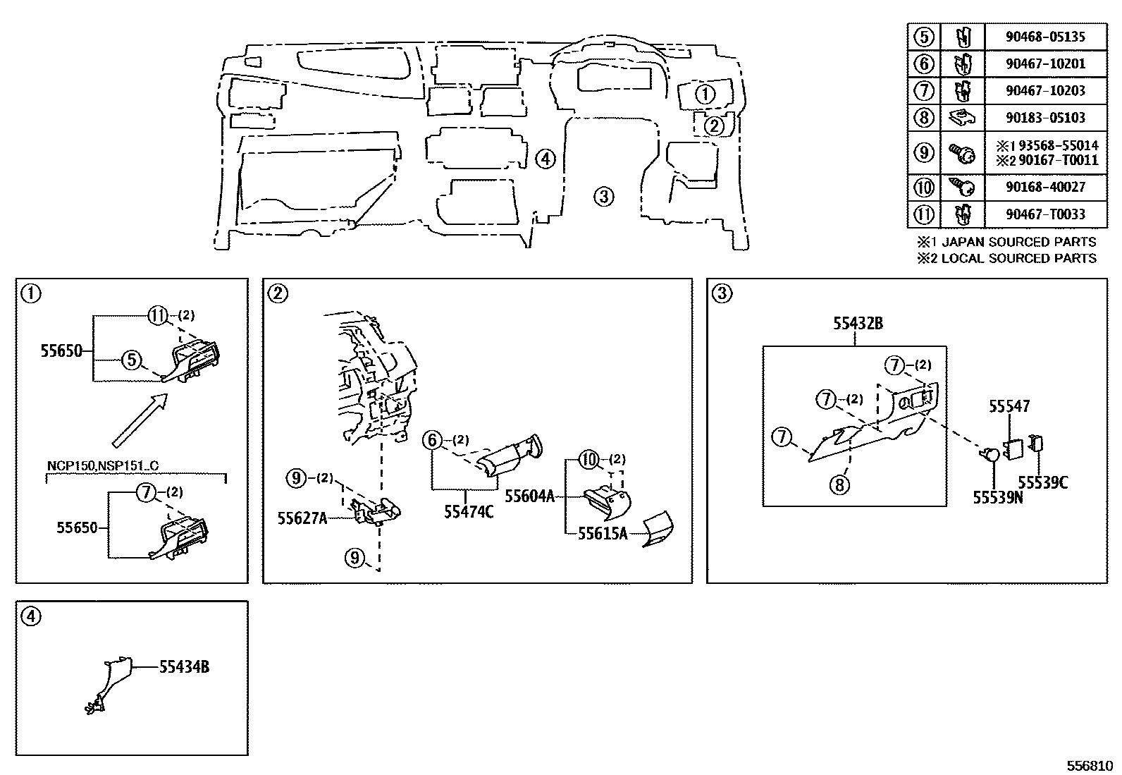 Toyota YARIS 仪表板和手套箱 EPC diagram — 556810