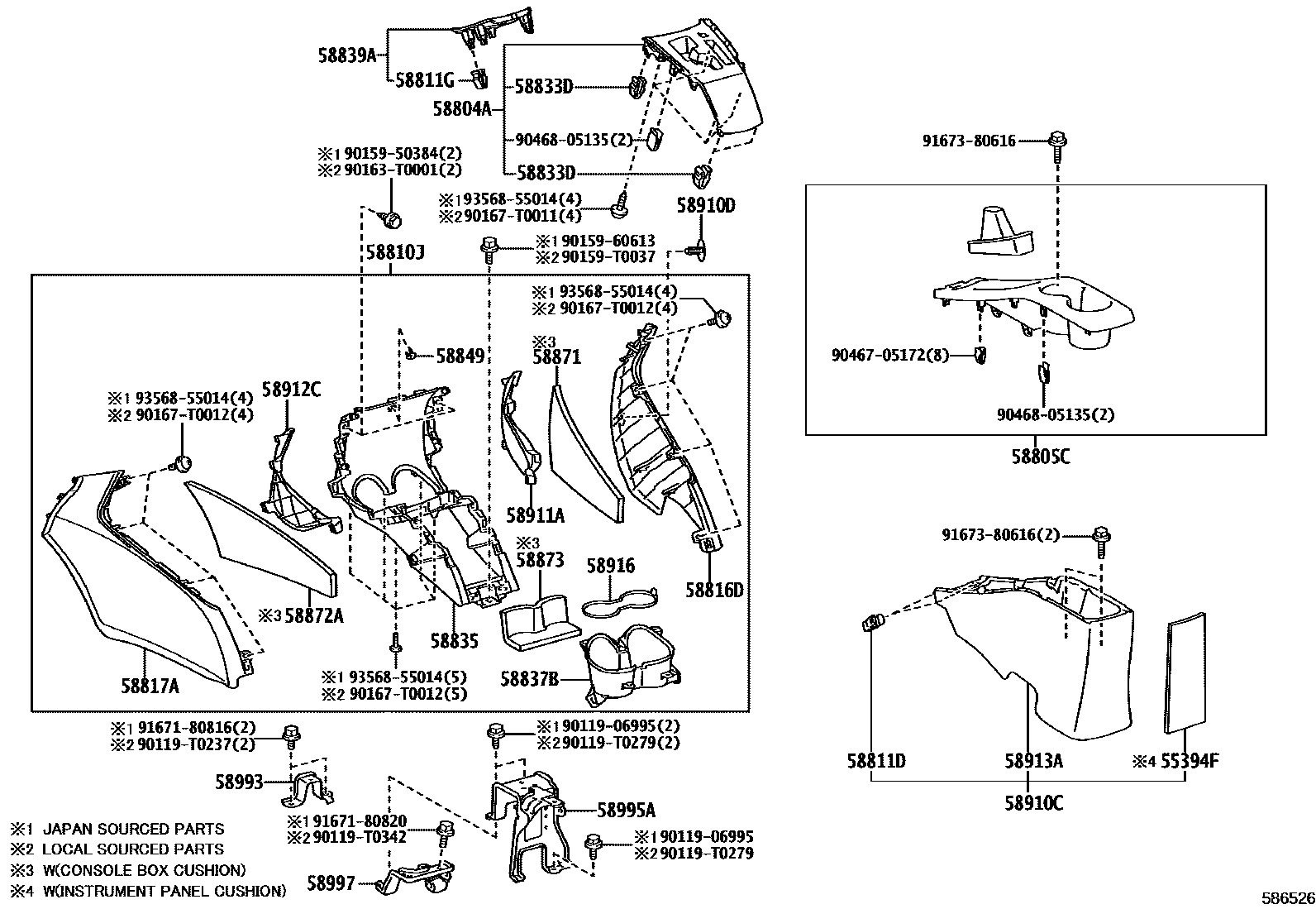 Toyota YARIS 中央扶手箱和支架 EPC diagram — 586526