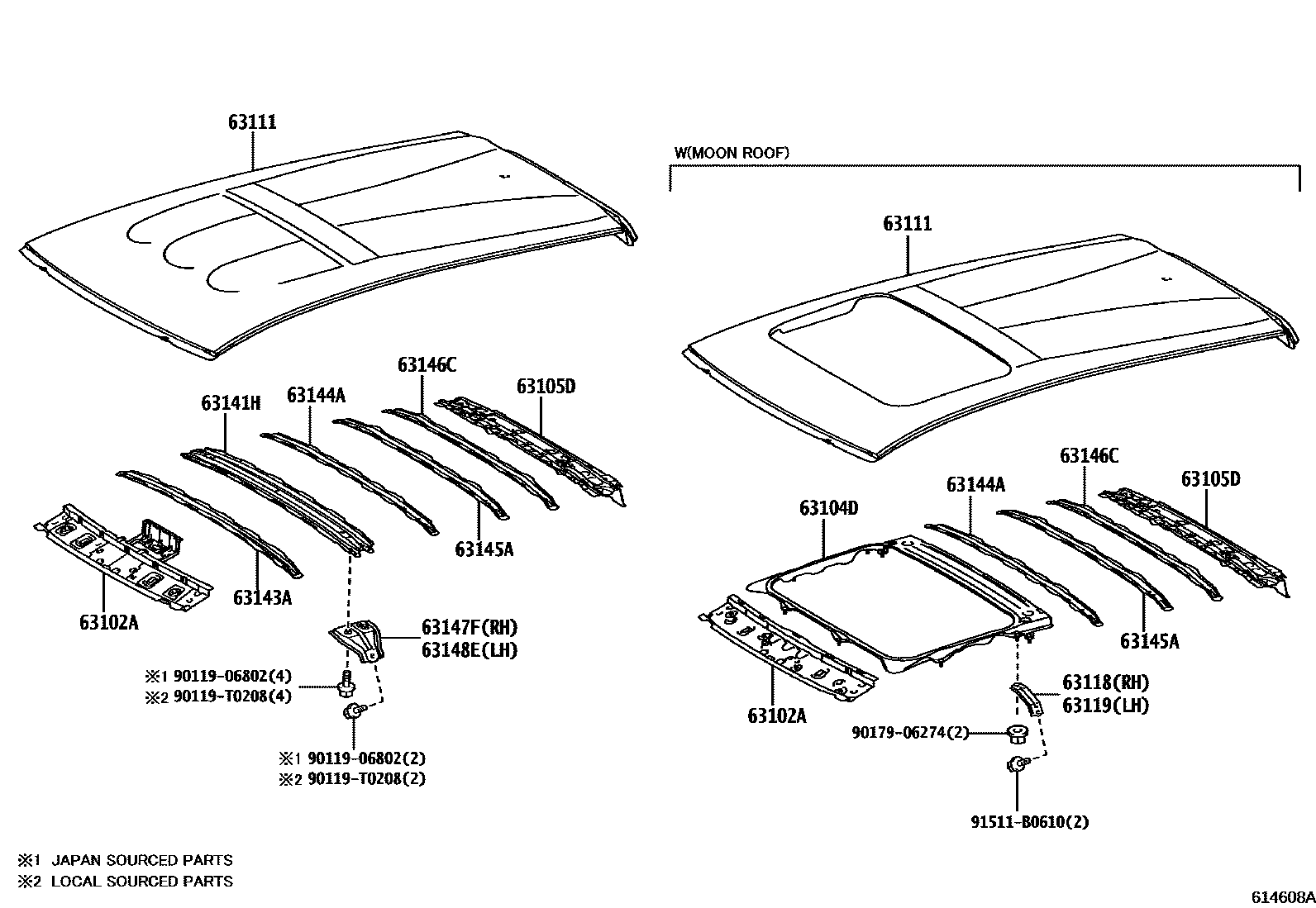Toyota YARIS 天窗板和背窗玻璃 EPC diagram — 614608A