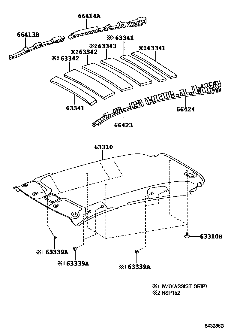 Toyota YARIS 车顶内衬和消声垫 EPC diagram — 643286B