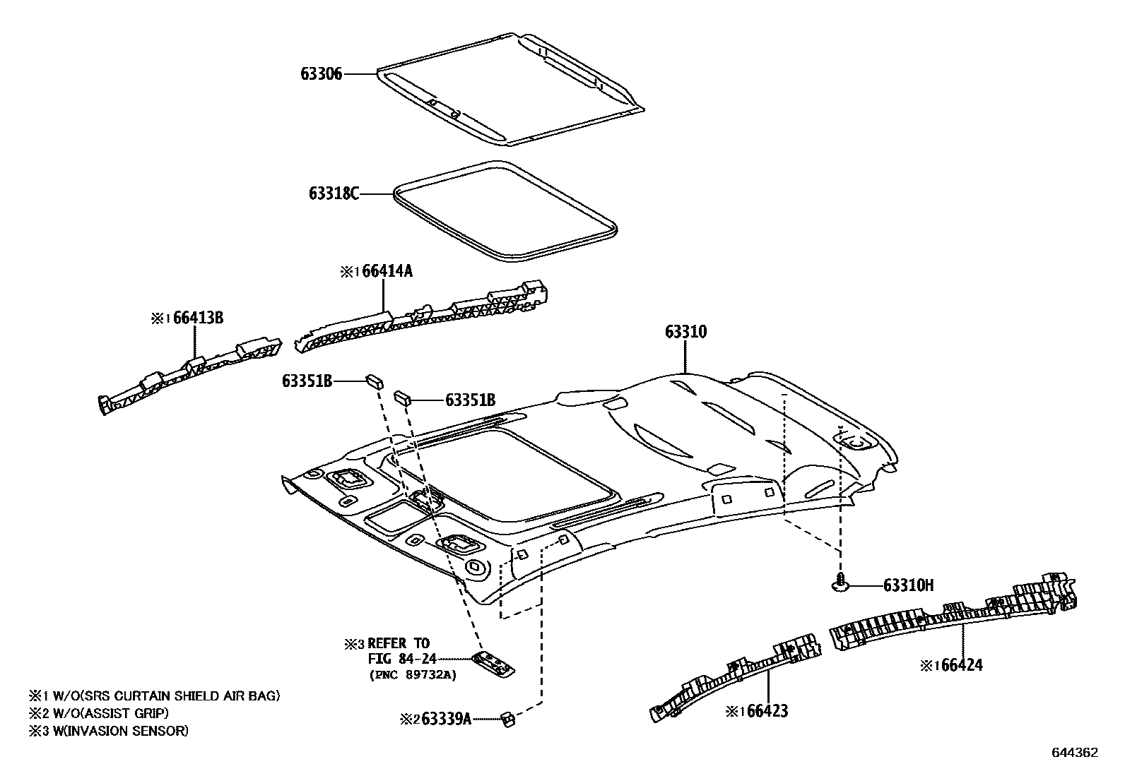 Toyota YARIS 车顶内衬和消声垫 EPC diagram — 644362