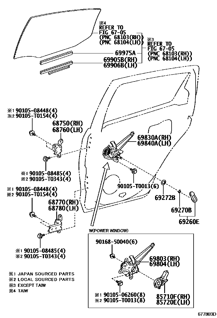 Toyota YARIS 后门车窗升降器和合页 EPC diagram — 677803D