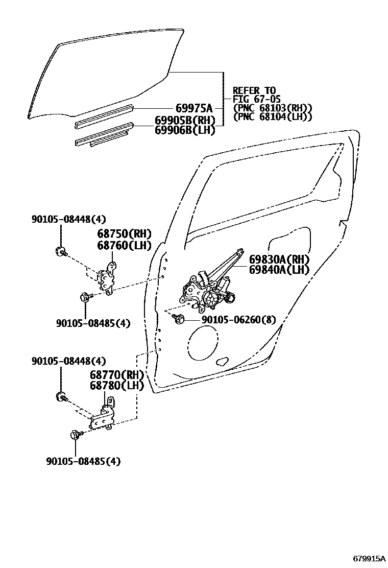 Toyota YARIS 后门车窗升降器和合页 EPC diagram — 679915A