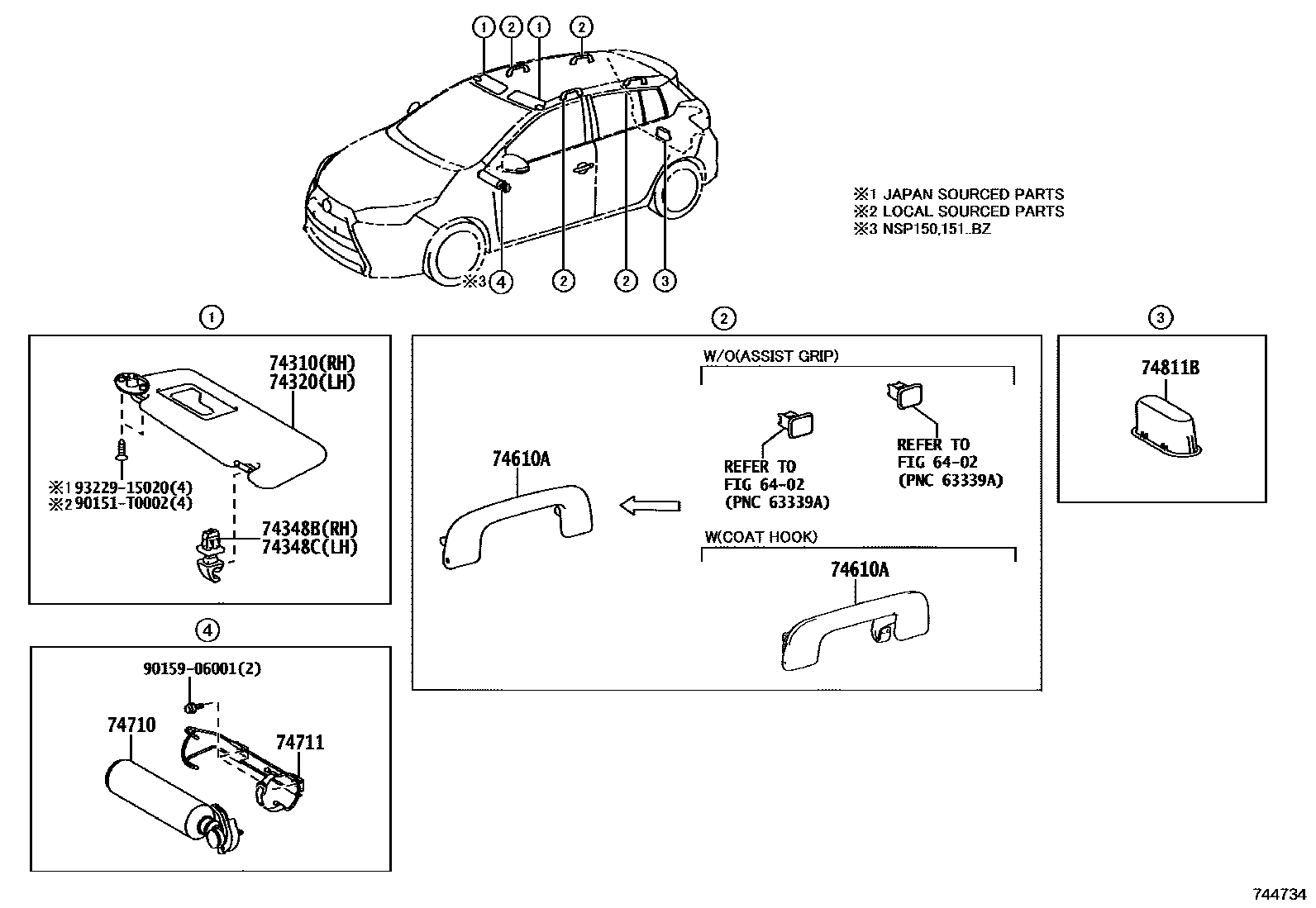 Toyota YARIS 扶手和遮阳板 EPC diagram — 744734