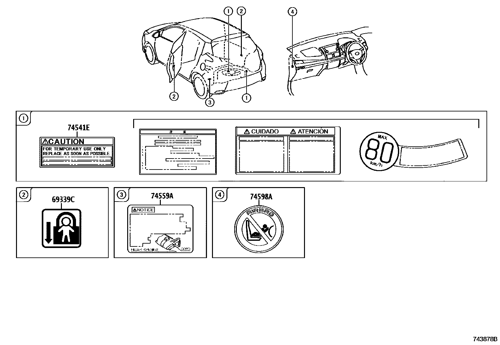 Toyota YARIS 警示铭牌(车外和车内) EPC diagram — 743878B
