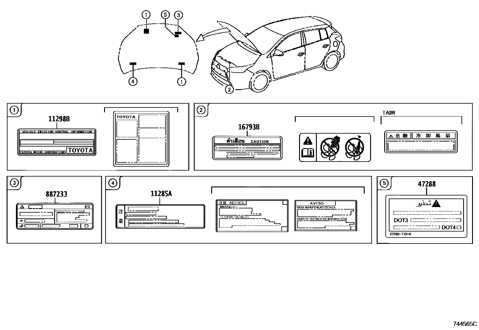 Toyota YARIS 警示铭牌(车外和车内) EPC diagram — 744565C