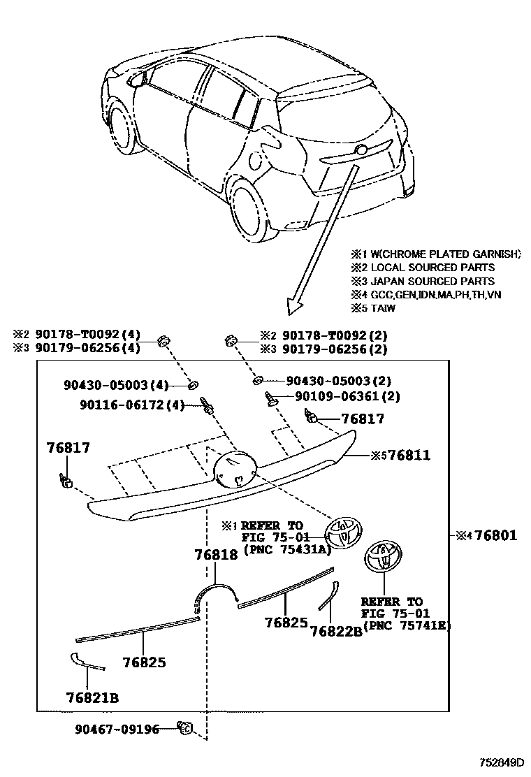 Toyota YARIS 后防护条 EPC diagram — 752849D