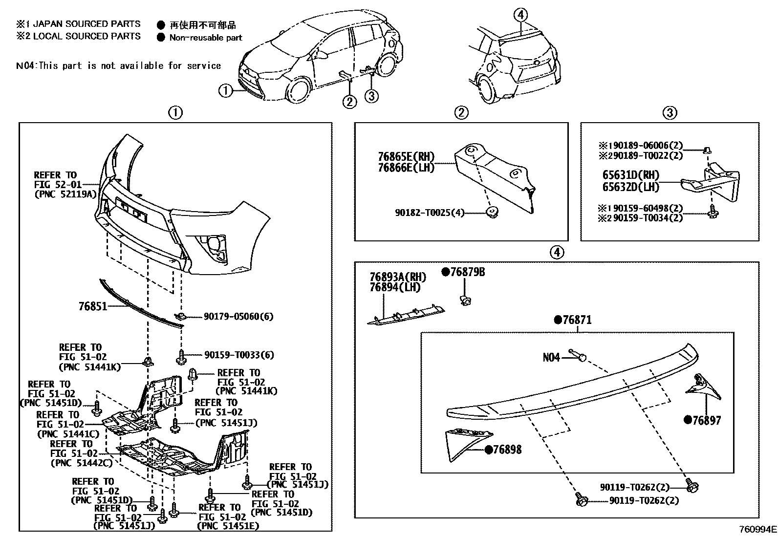 Toyota YARIS 挡泥板和扰流板 EPC diagram — 760994E