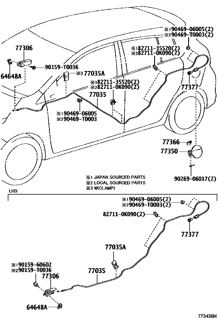 Toyota YARIS 燃油箱和燃油管 EPC diagram — 773438H