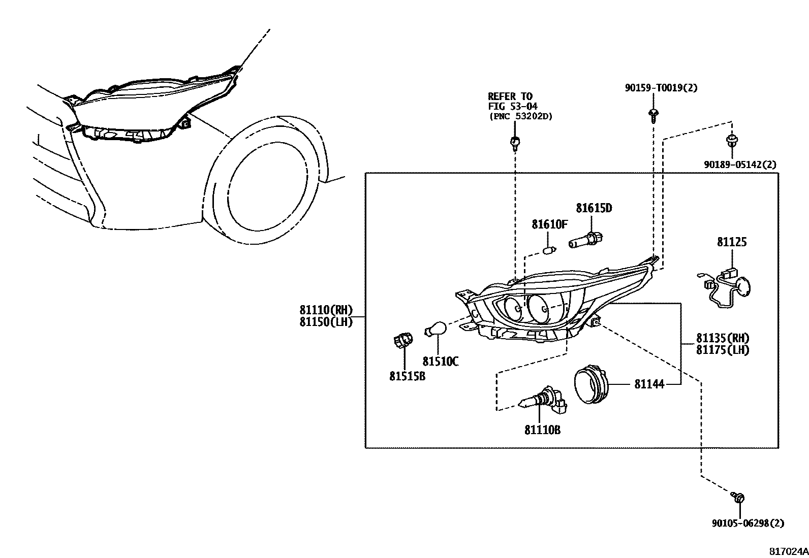 Toyota YARIS Headlamp EPC diagram — 817024A
