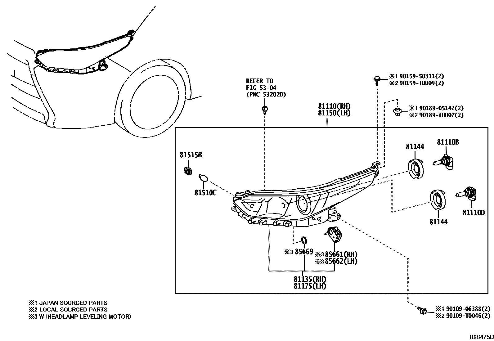 Toyota YARIS Headlamp EPC diagram — 818475D