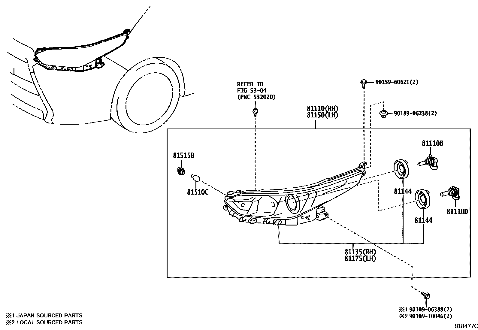 Toyota YARIS Headlamp EPC diagram — 818477C