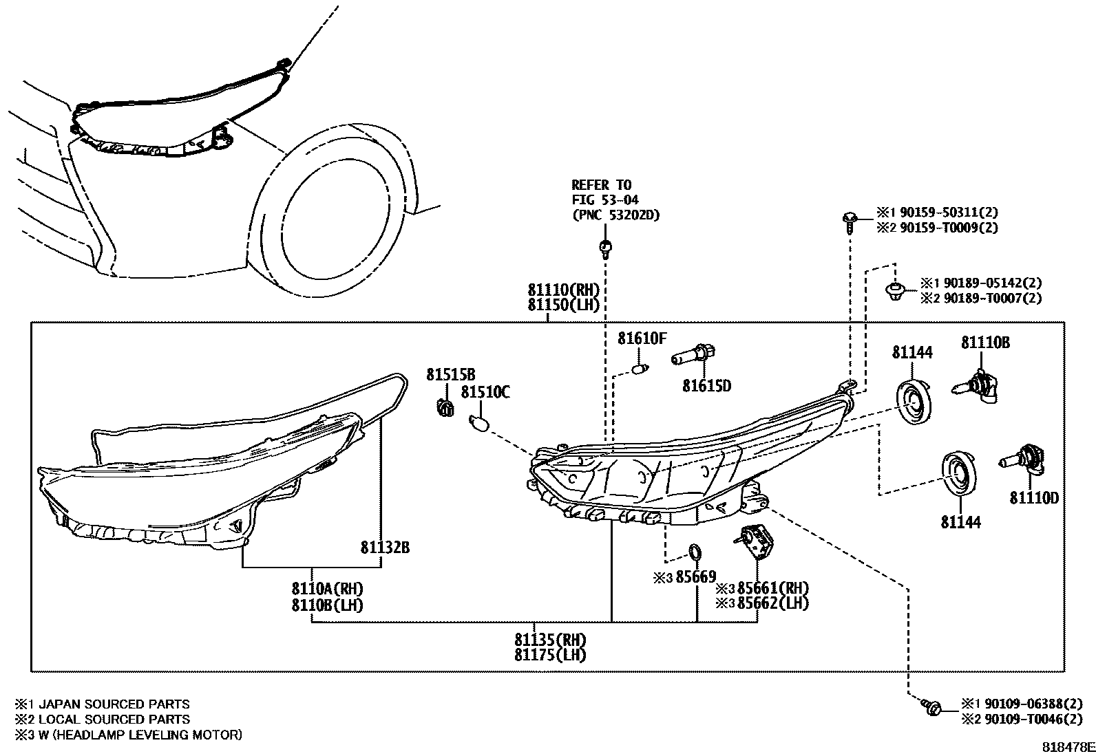 Toyota YARIS Headlamp EPC diagram — 818478E