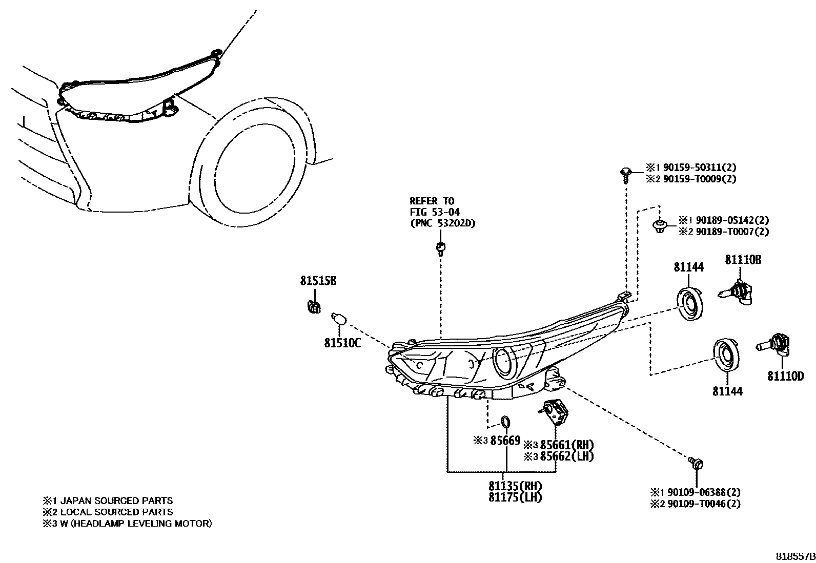 Toyota YARIS Headlamp EPC diagram — 818557B