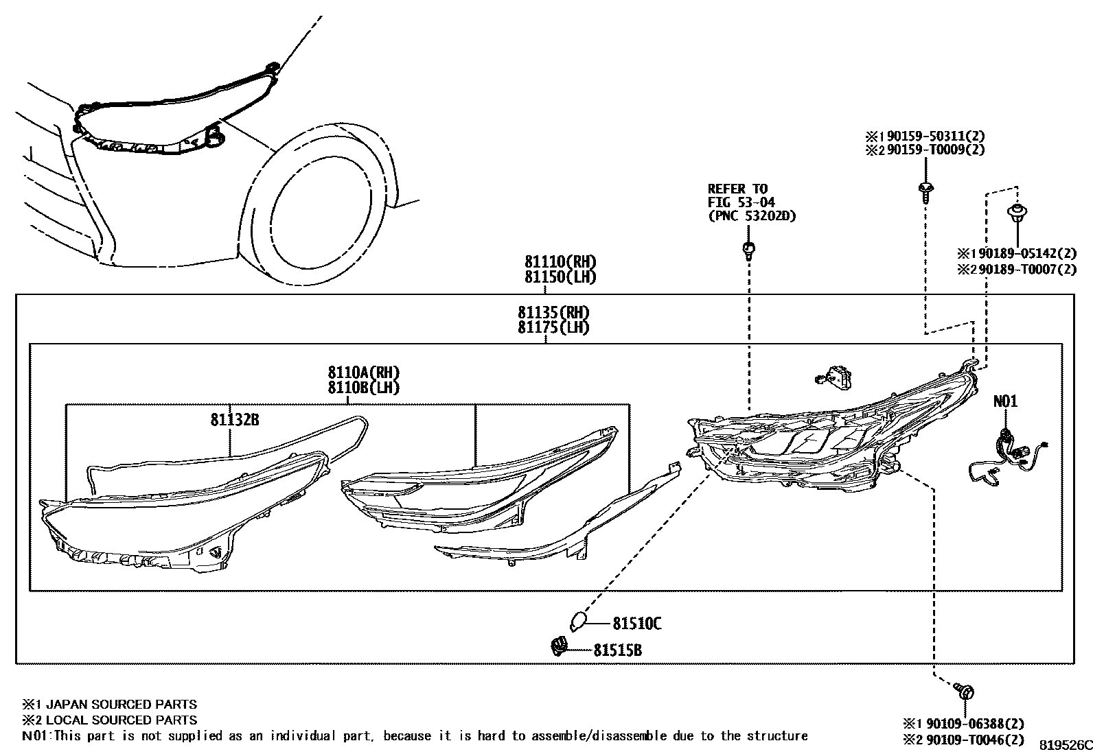 Toyota YARIS Headlamp EPC diagram — 819526C