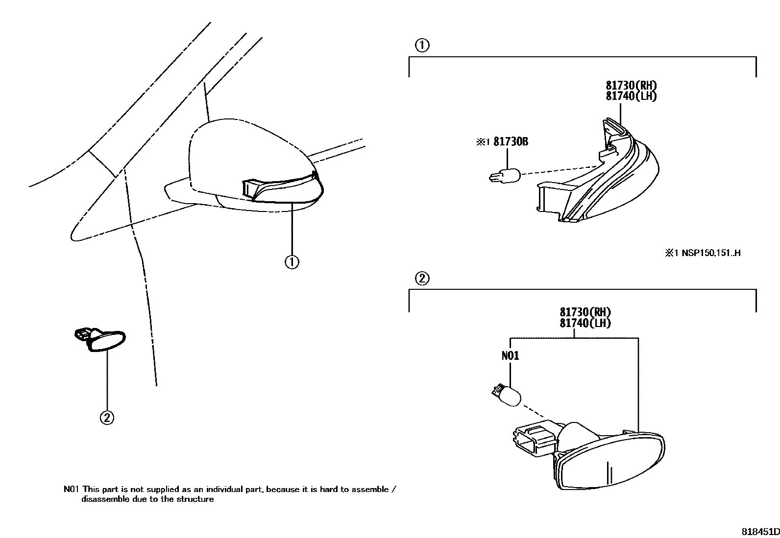 Toyota YARIS Side Turn Signal & Outer Mirror Lamp EPC diagram — 818451D