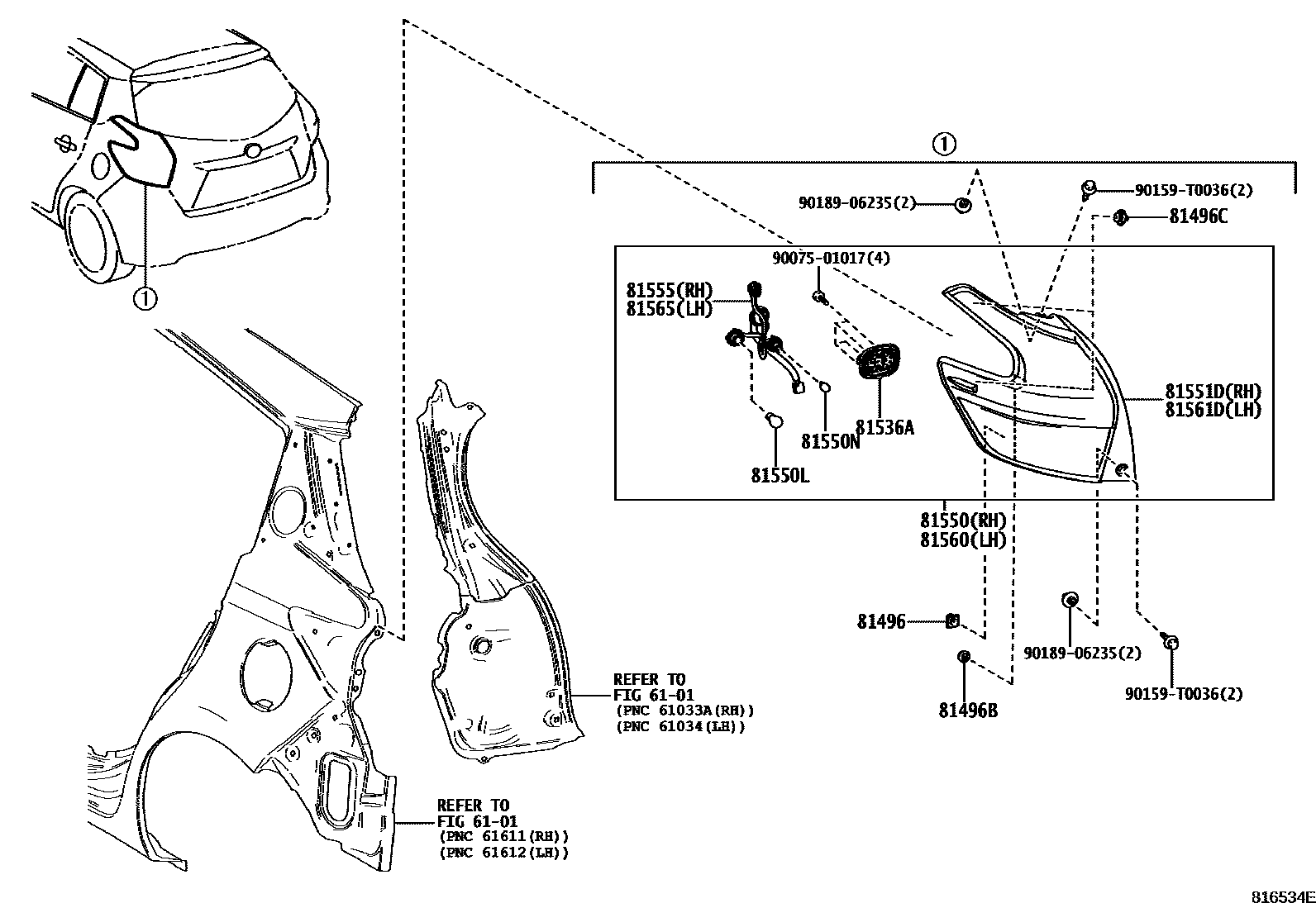 Toyota YARIS 后组合灯 EPC diagram — 816534E