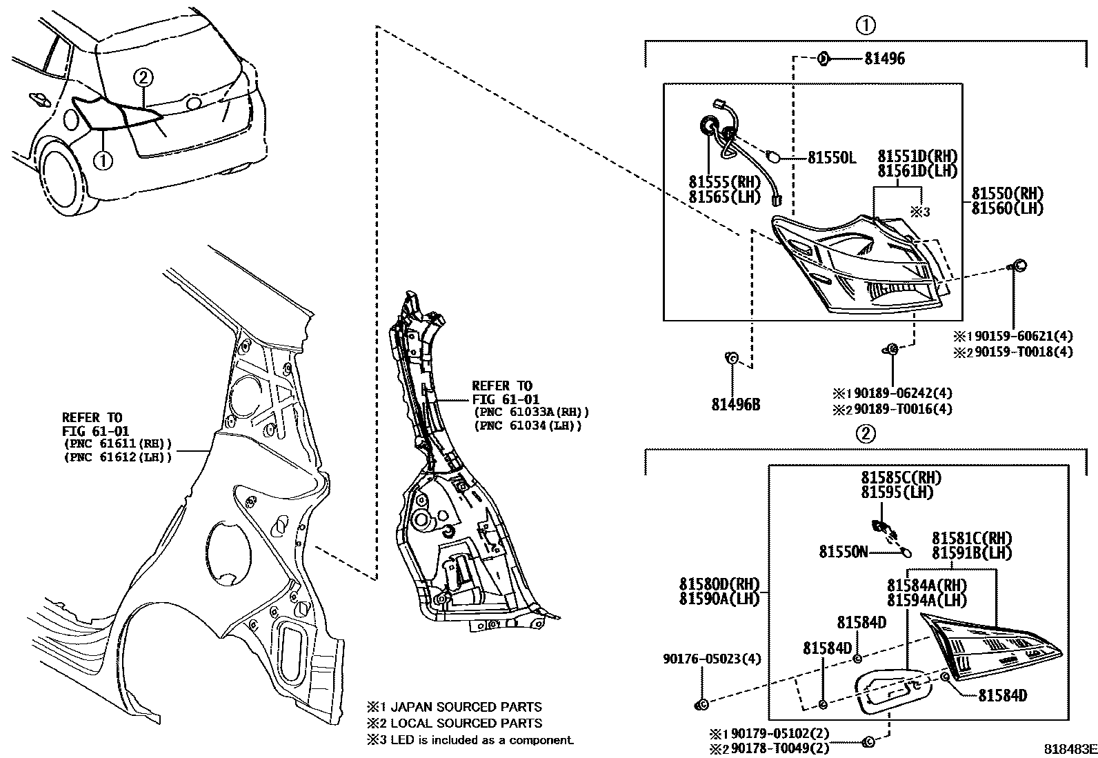 Toyota YARIS 后组合灯 EPC diagram — 818483E