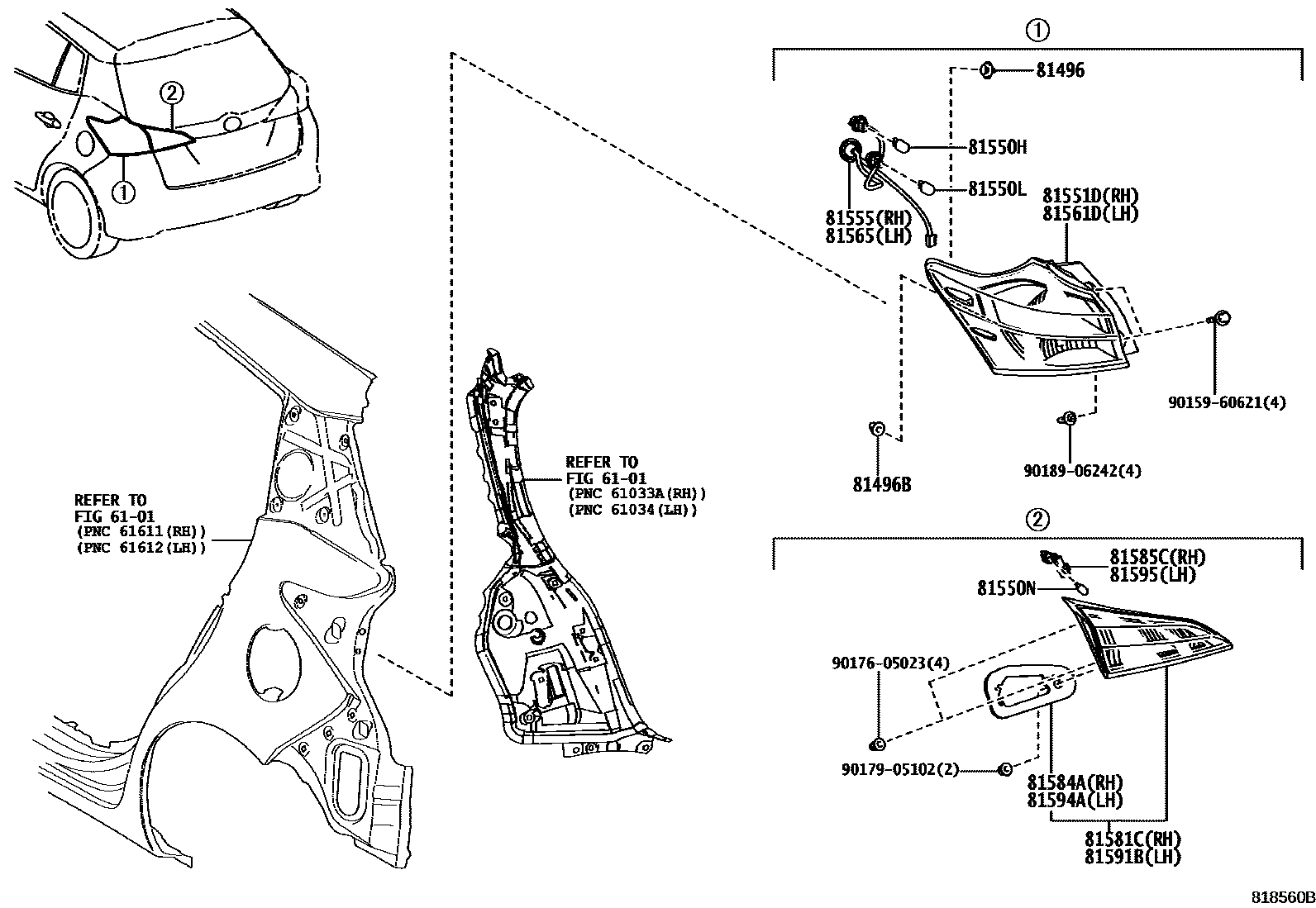 Toyota YARIS 后组合灯 EPC diagram — 818560B