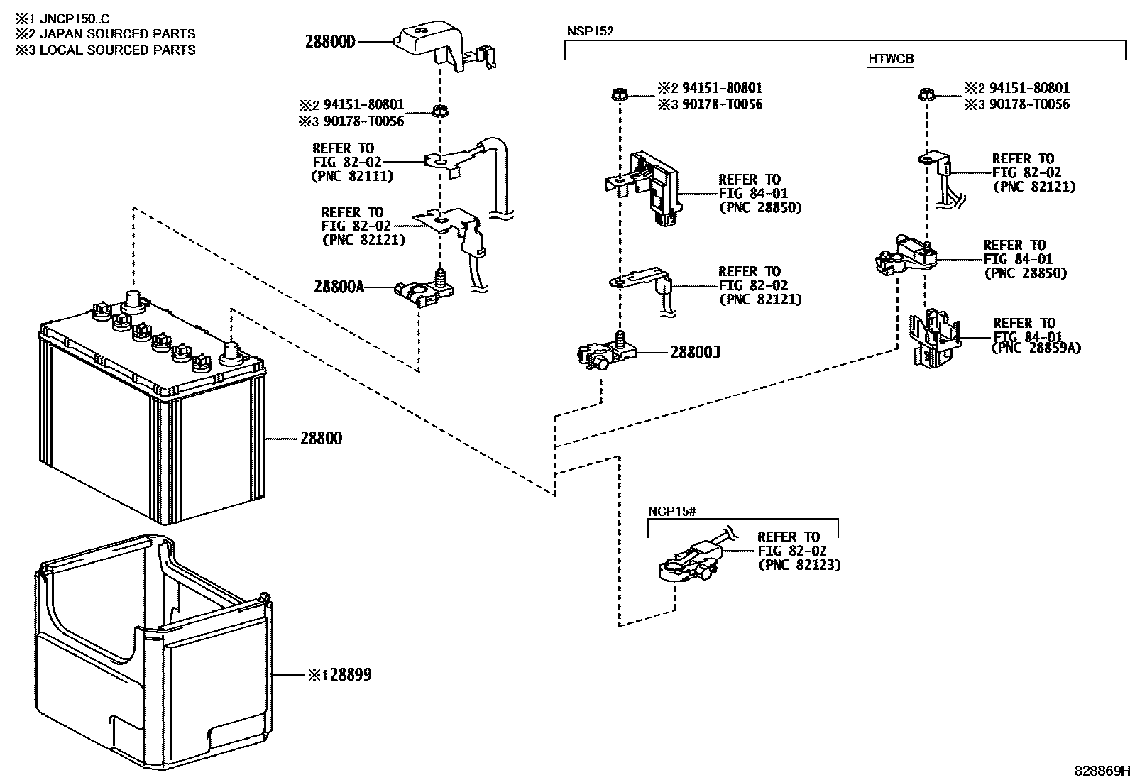 Toyota YARIS 蓄电池和蓄电池电缆 EPC diagram — 828869H