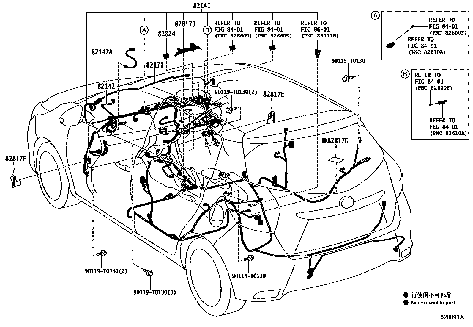 Toyota YARIS 线束和卡夹 EPC diagram — 828891A