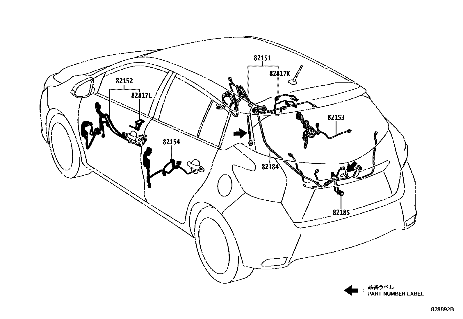 Toyota YARIS 线束和卡夹 EPC diagram — 828892B