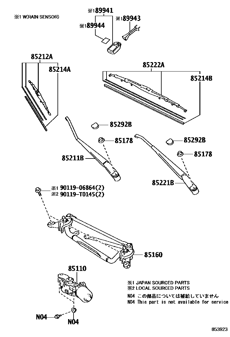 Toyota YARIS 挡风玻璃刮水器 EPC diagram — 853923