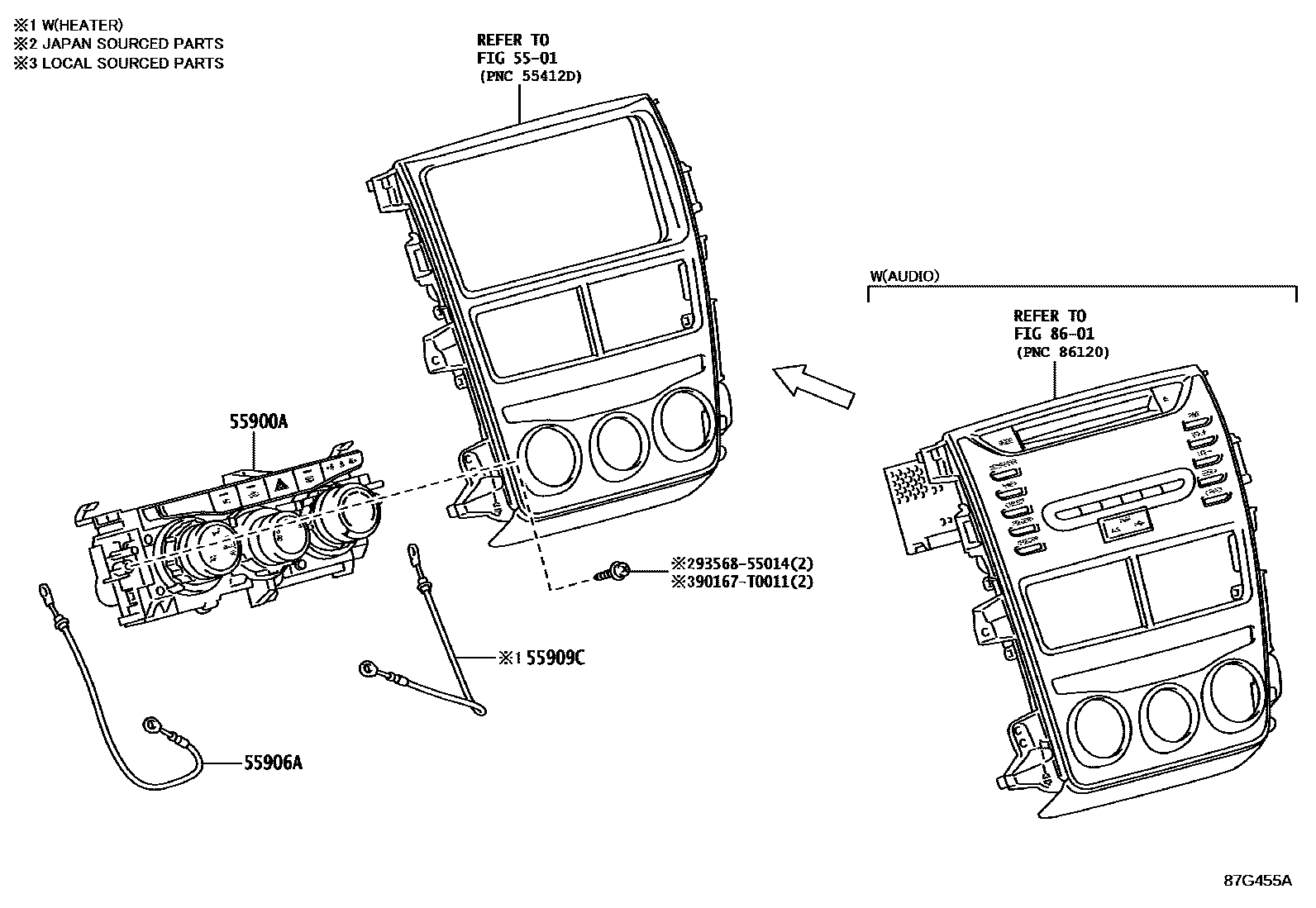 Toyota YARIS 暖风和空调系统 - 控制器和风管 EPC diagram — 87G455A