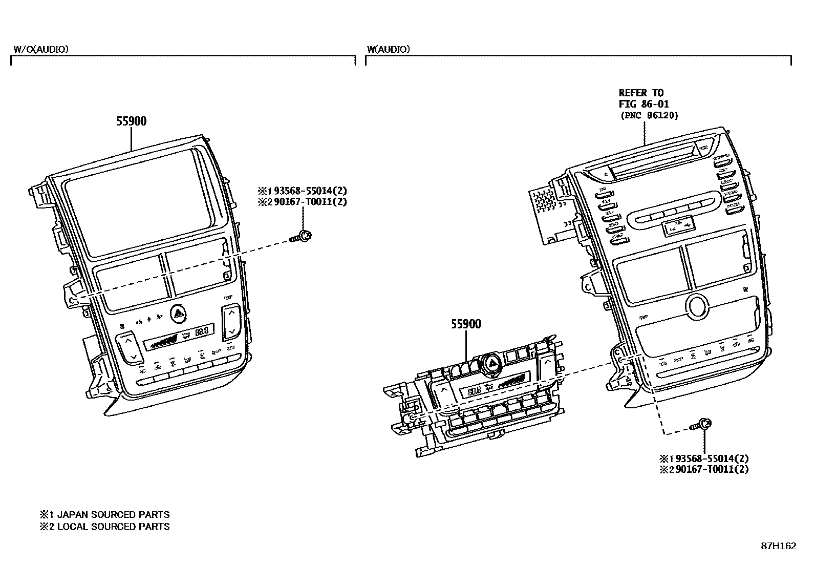 Toyota YARIS 暖风和空调系统 - 控制器和风管 EPC diagram — 87H162