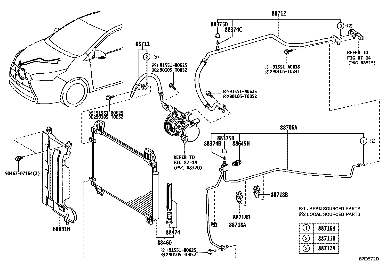 Toyota YARIS Heating & Air Conditioning - Cooler Piping EPC diagram — 87D572D
