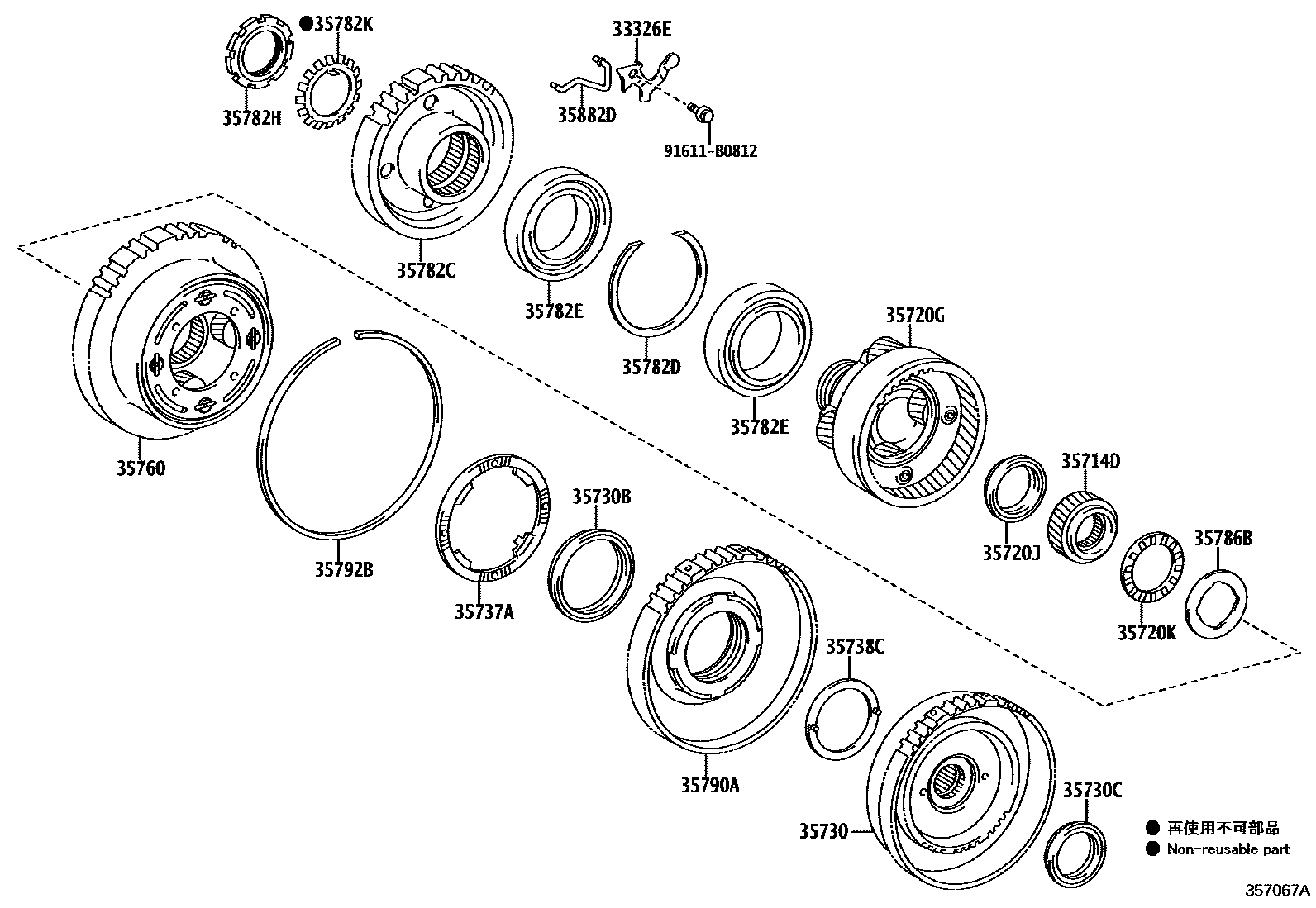 Toyota YARIS 行星齿轮、倒档活塞和中间轴齿轮(ATM) EPC diagram — 357067A
