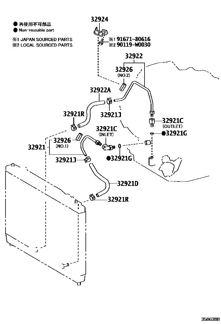 Toyota YARIS 变速器油冷却器和配管(ATM) EPC diagram — 358638B