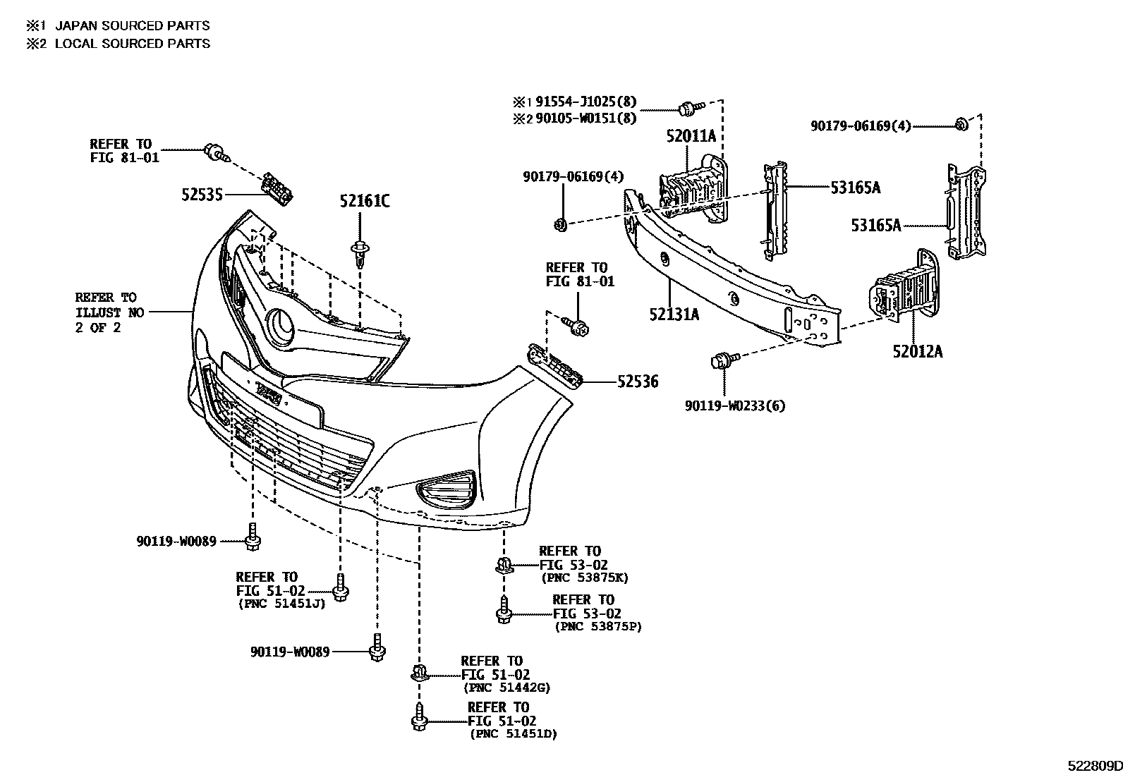 Toyota YARIS 前保险杠及附件 EPC diagram — 522809D