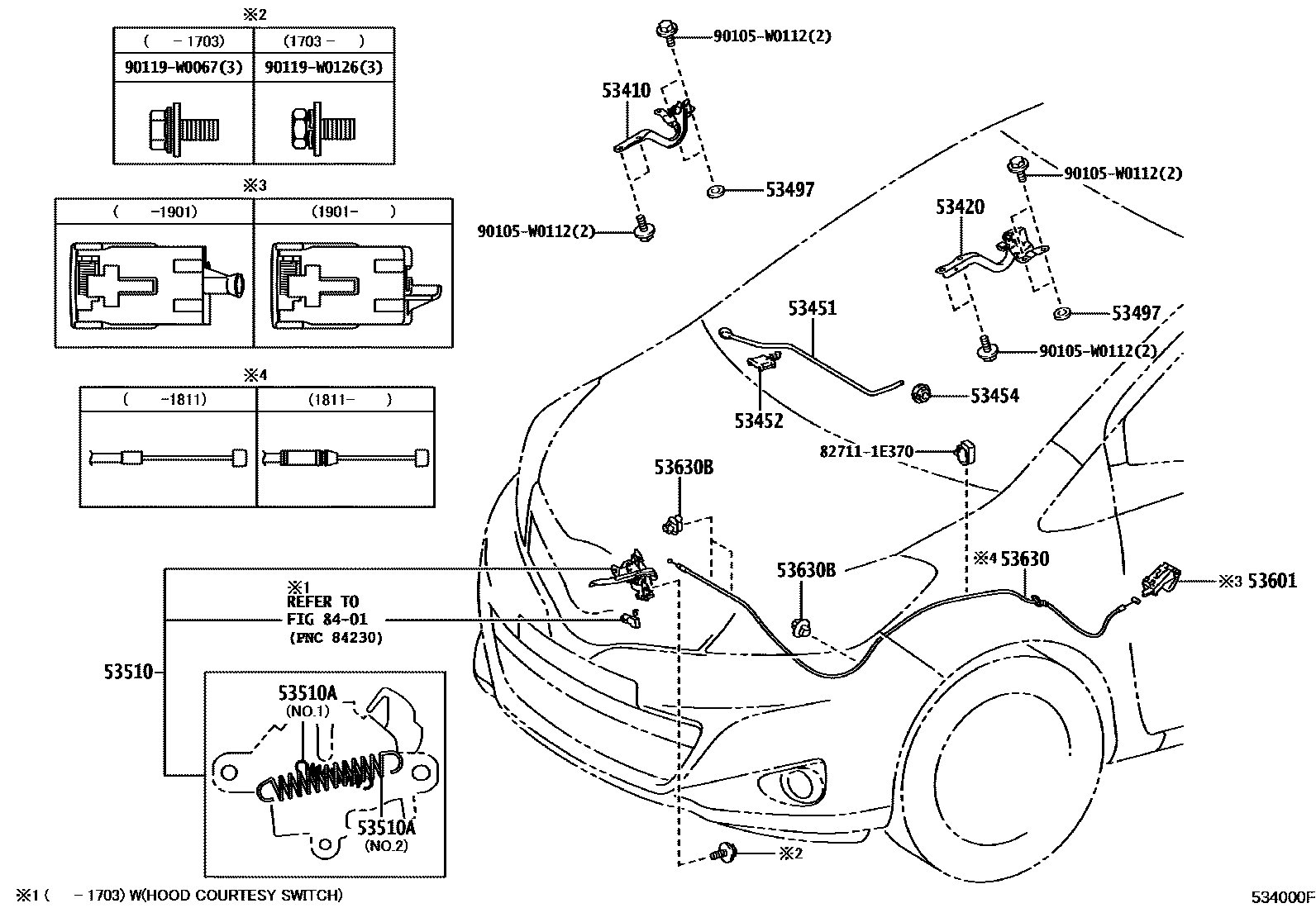 Toyota YARIS 发动机盖锁和铰链 EPC diagram — 534000F