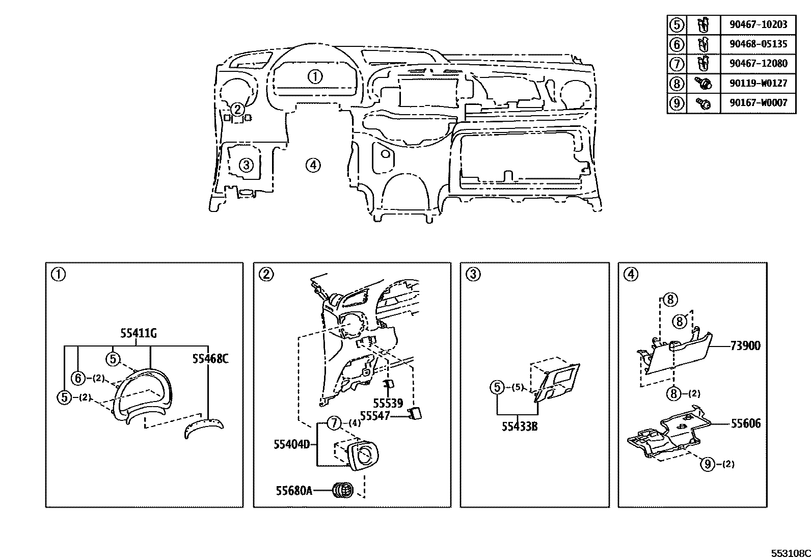 Toyota YARIS 仪表板和手套箱 EPC diagram — 553108C