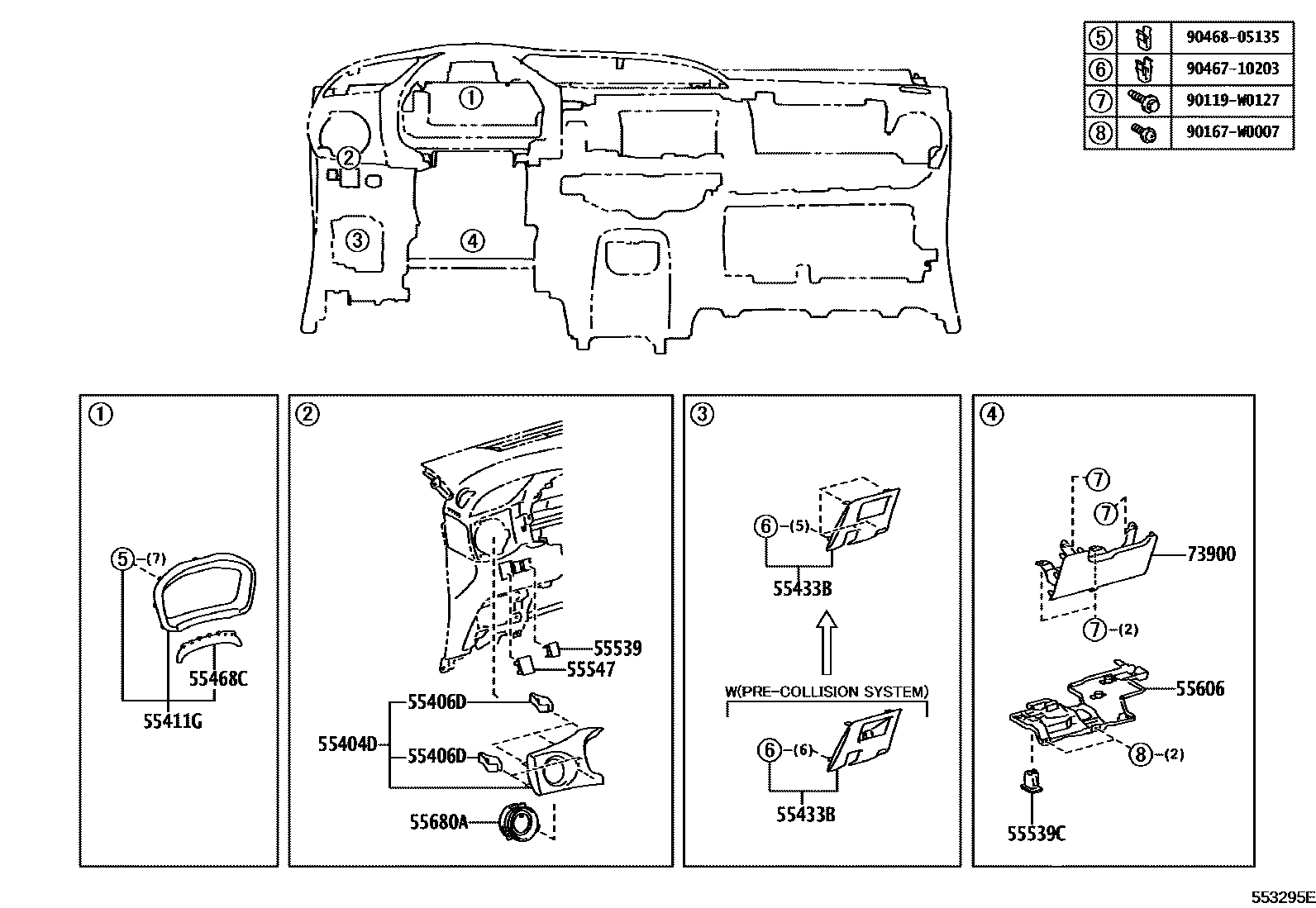 Toyota YARIS 仪表板和手套箱 EPC diagram — 553295E