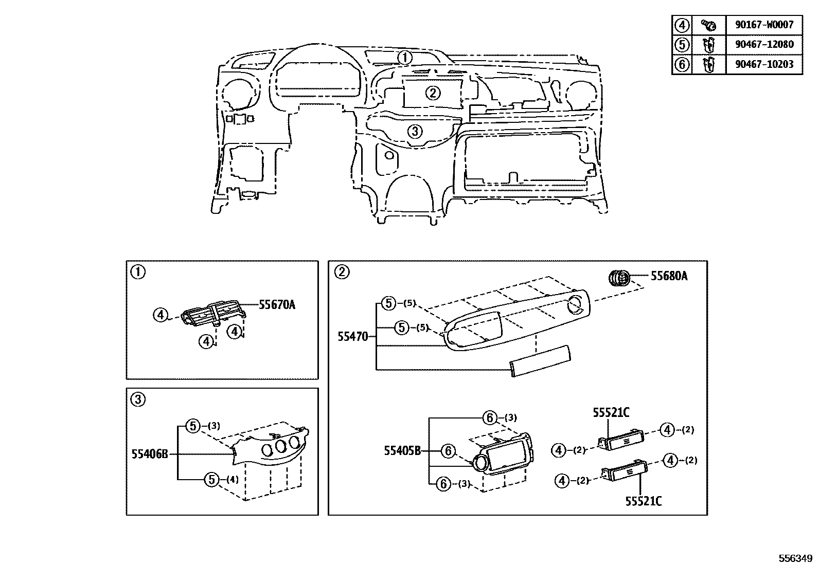 Toyota YARIS 仪表板和手套箱 EPC diagram — 556349