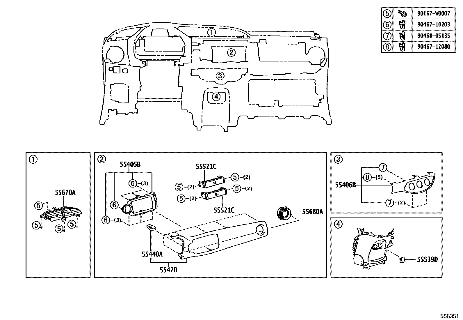 Toyota YARIS 仪表板和手套箱 EPC diagram — 556351