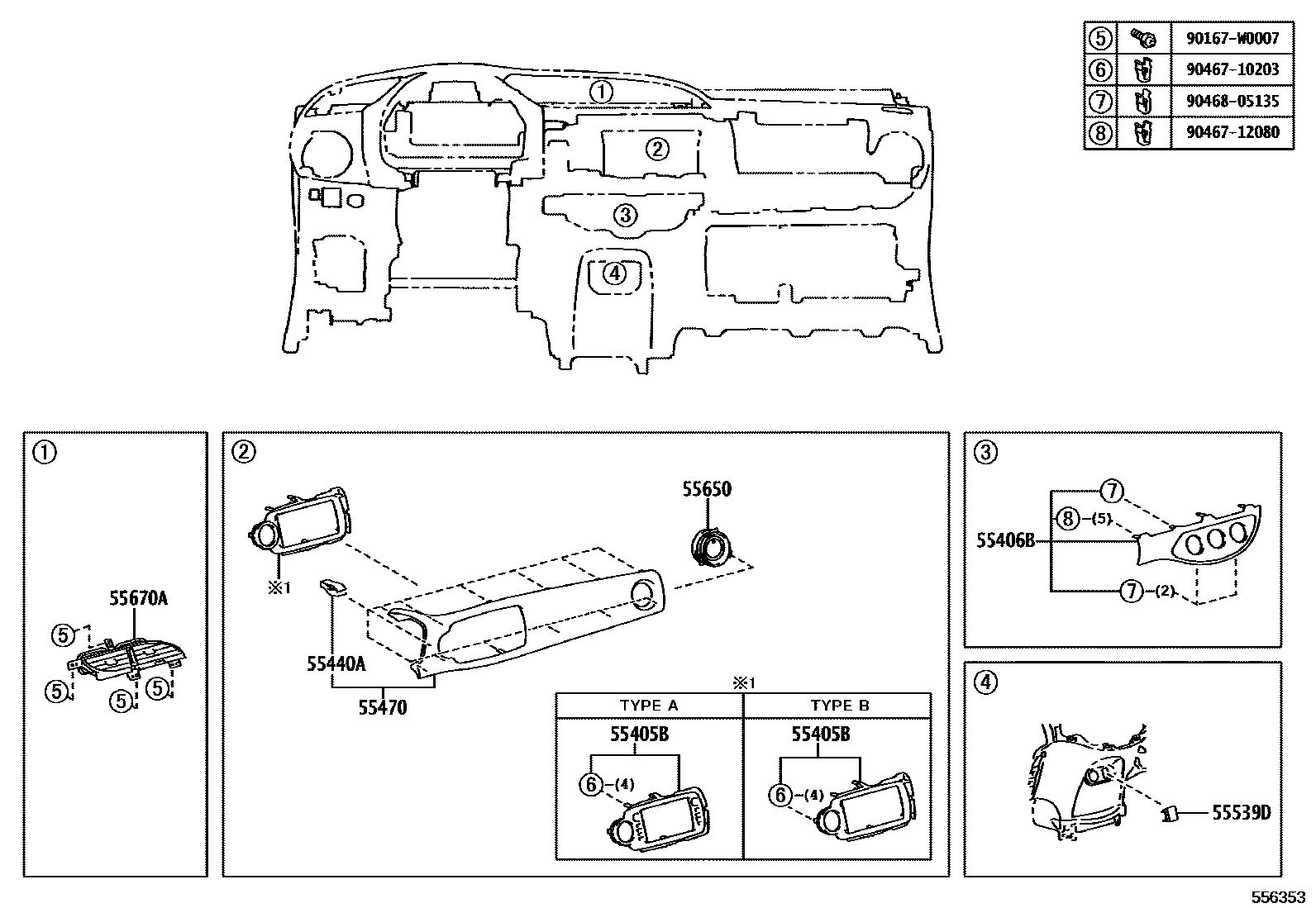 Toyota YARIS 仪表板和手套箱 EPC diagram — 556353