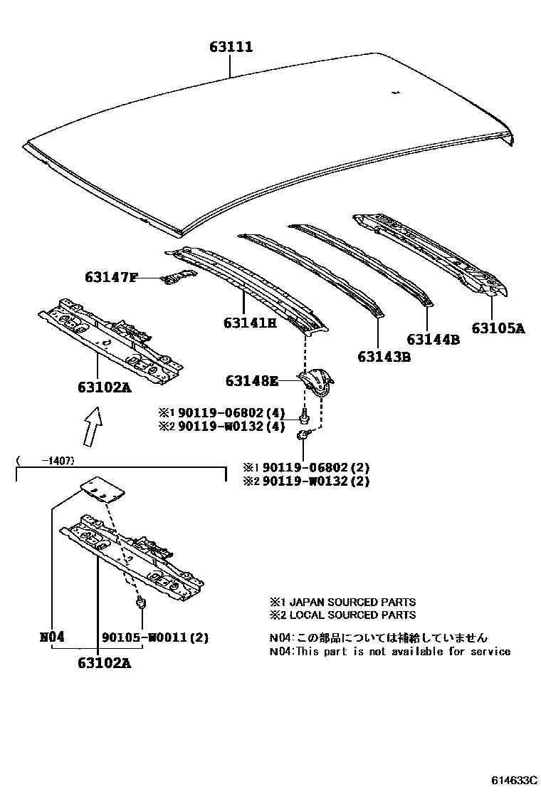 Toyota YARIS 天窗板和背窗玻璃 EPC diagram — 614633C