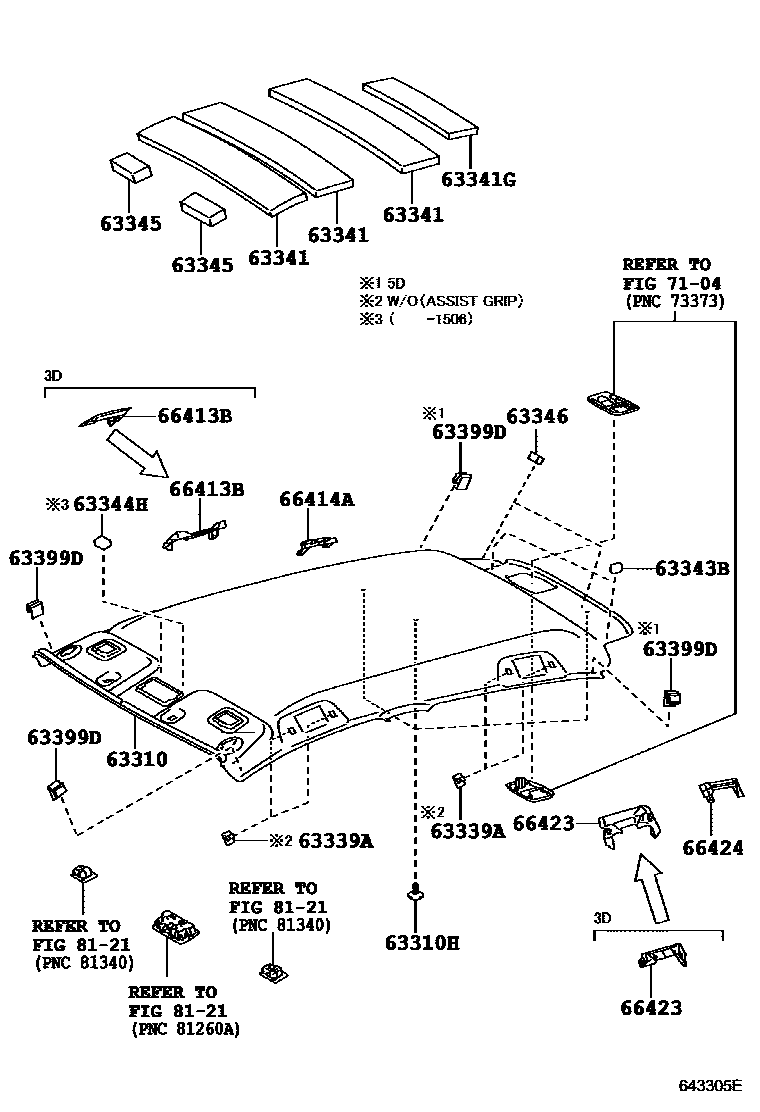 Toyota YARIS 车顶内衬和消声垫 EPC diagram — 643305E