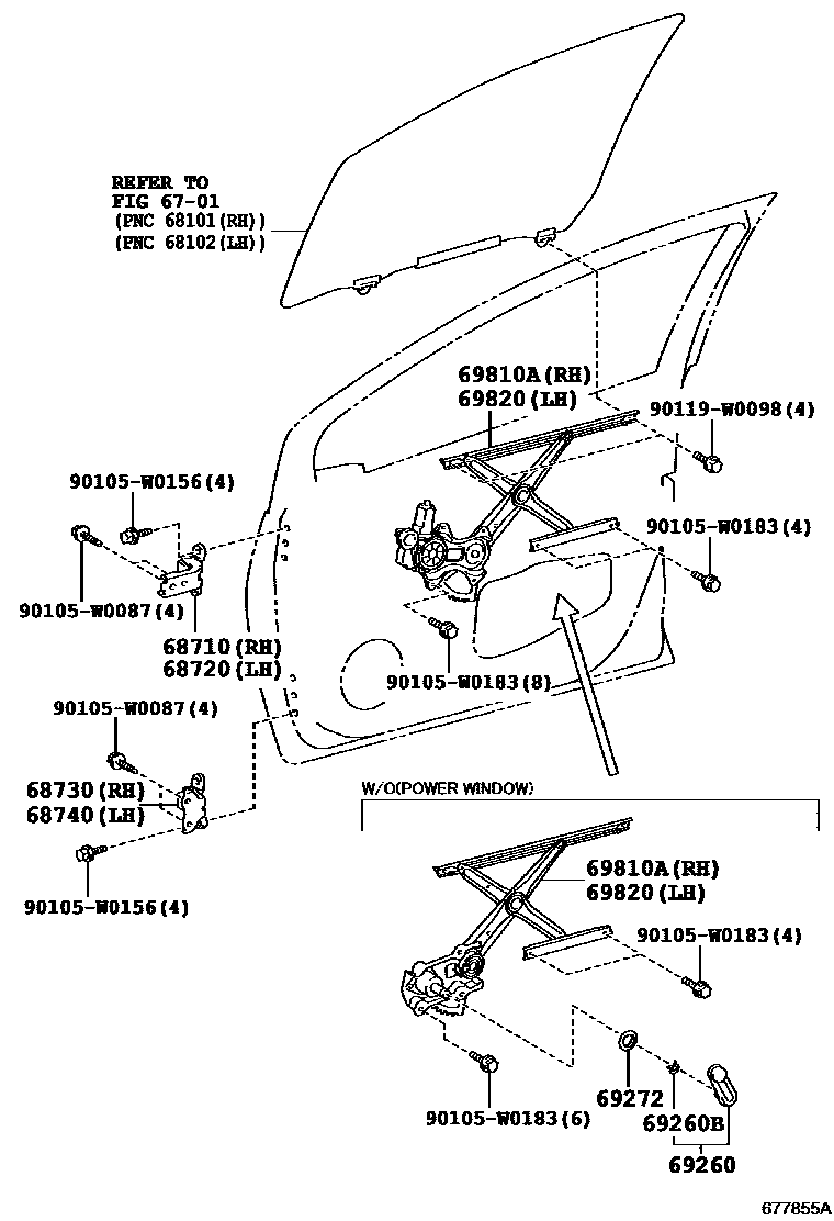 Toyota YARIS 前门车窗升降器和合页 EPC diagram — 677855A