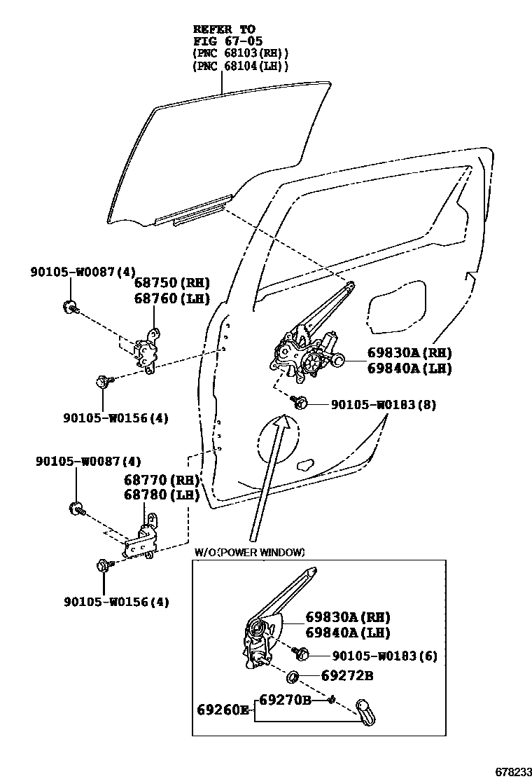 Toyota YARIS 后门车窗升降器和合页 EPC diagram — 678233