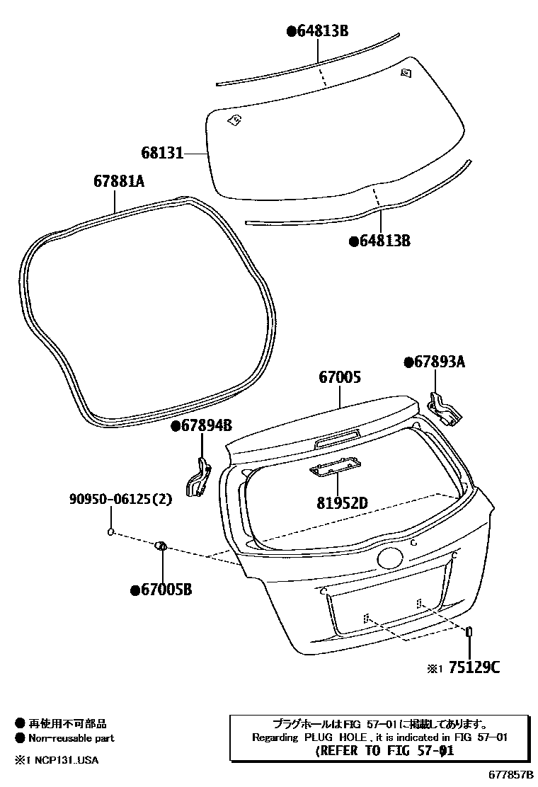 Toyota YARIS 背门板和背门玻璃 EPC diagram — 677857B
