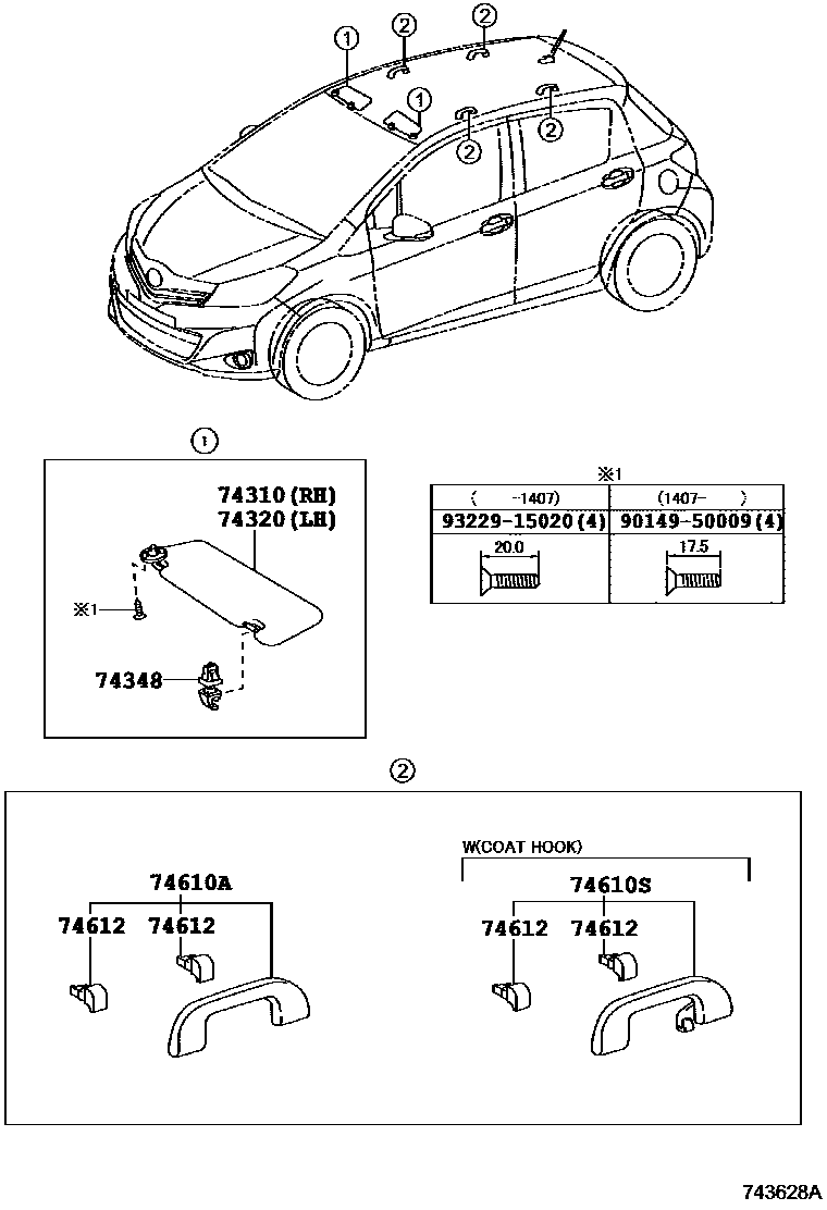 Toyota YARIS 扶手和遮阳板 EPC diagram — 743628A