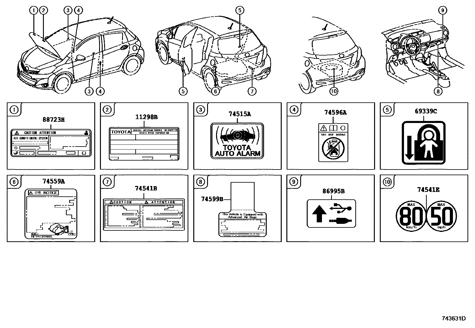 Toyota YARIS 警示铭牌(车外和车内) EPC diagram — 743631D