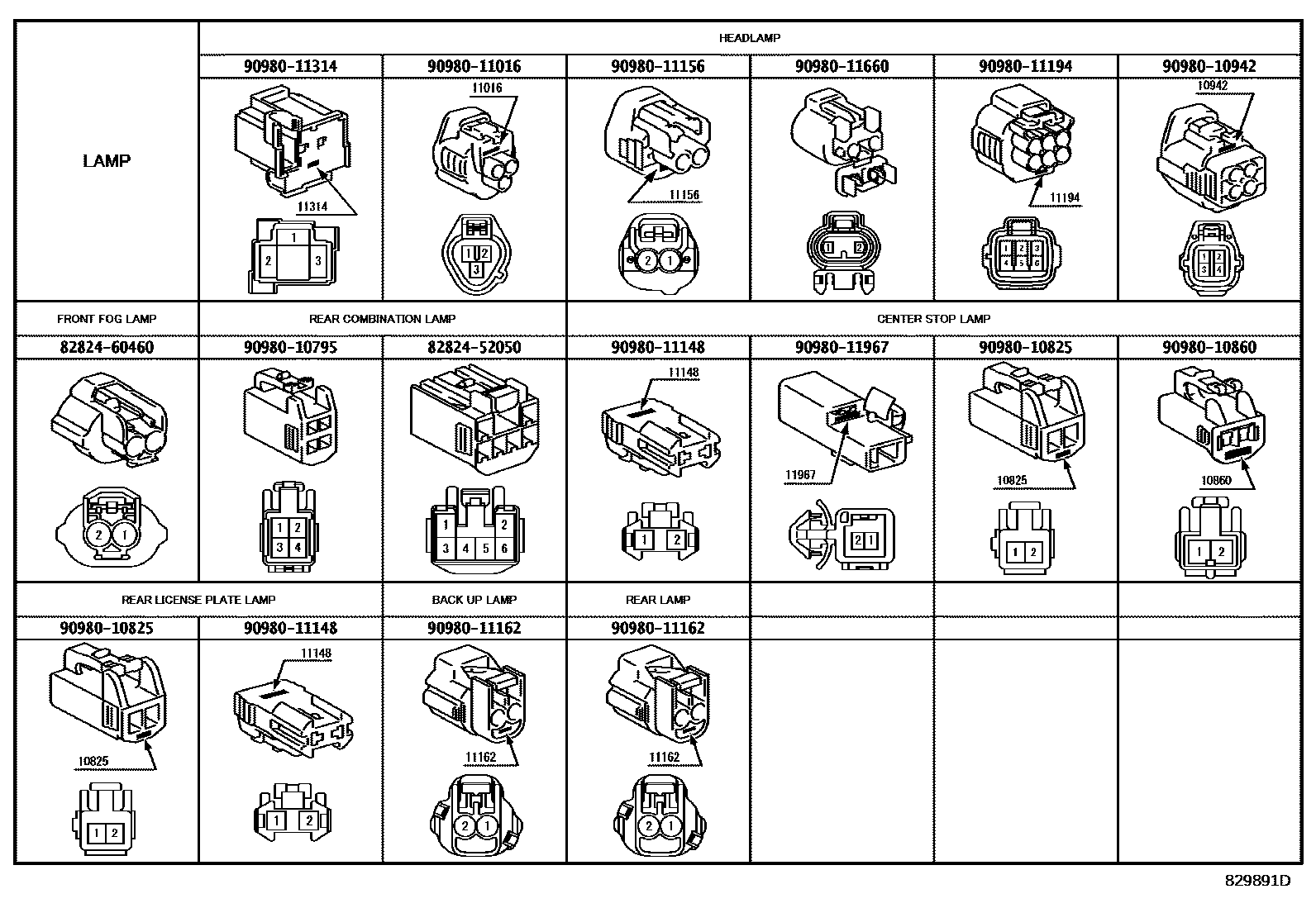 Toyota YARIS 线束和卡夹 EPC diagram — 829891D